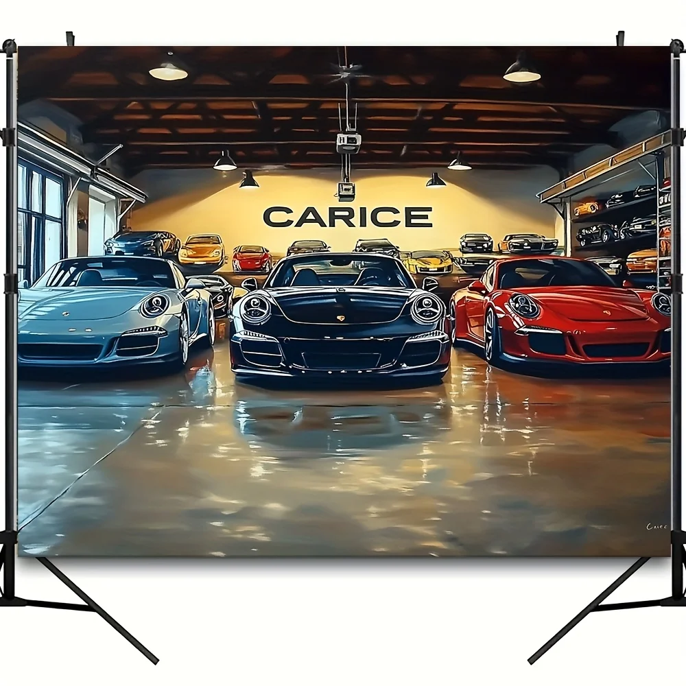Fond d'exposition de voiture de garage rétro 1 pièce-thème de voiture de sport italienne cool, 100% polyester, décor de fête
