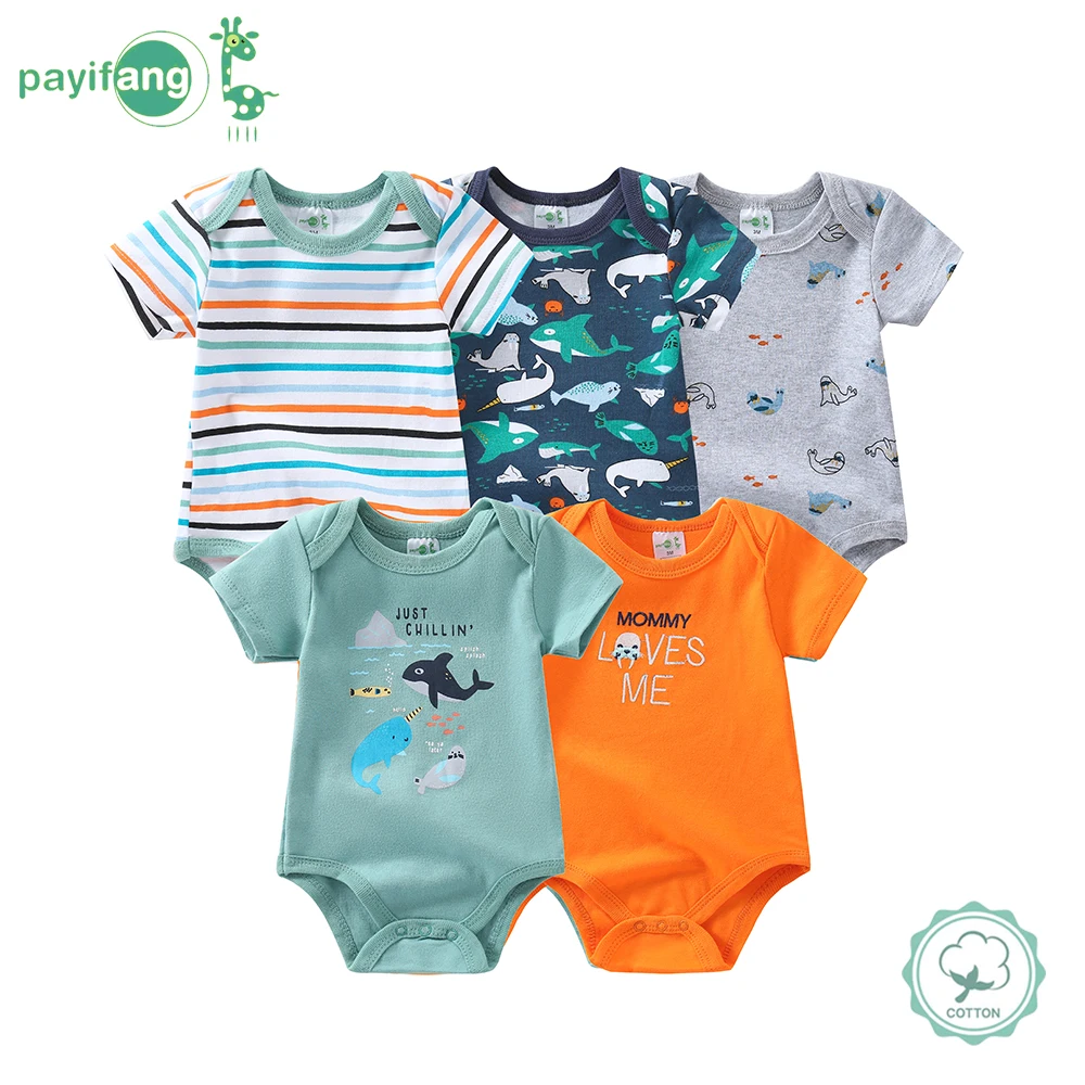 男の子用三角ロンパース5点セット、漫画のクジラ柄の綿製半袖男の子用衣装、カジュアルで快適、屋外着用に適した男の子用服