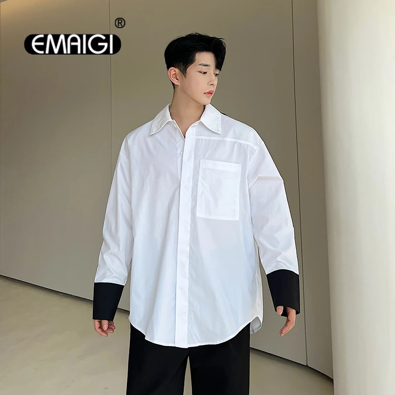 Men Ribbon Splice Japan Korean Streetwear Fashion Loose Casual Long Sleeve Shirts Net Celebrity Modeling Shirts Blouses