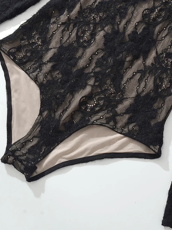 퓨어 디자이어 섹시 레이스 바디수트 여성용 로우 라운드 넥 롱 슬리브 홀로우 아웃 슬리밍 언더웨어 베이스 셔츠 출퇴근용 슬림 핏...