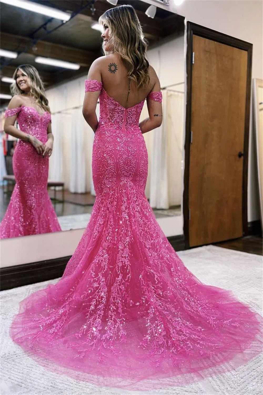 Sansa Sexy Off Shoulder Mermaid Vestidos De Noche Fuchsia Sequins Trumpet فساتين السهرة Luxury Fishtail Prom Dresses