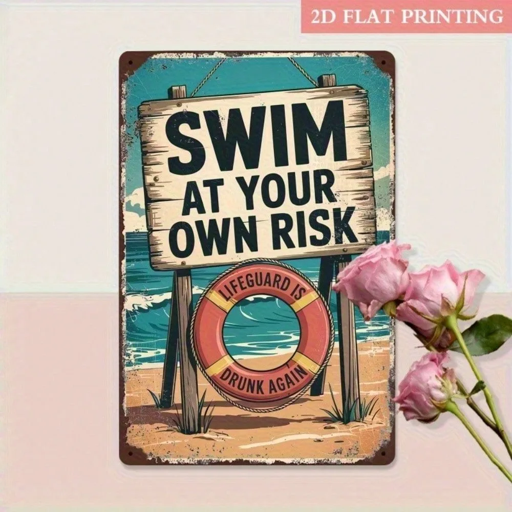 

Vintage Art Deco "Swim At Your Own Risk" Metal Sign 8x12 Inch - Unique Valentines & Ramadan 2026 Decoration for Pub, Man Cave &
