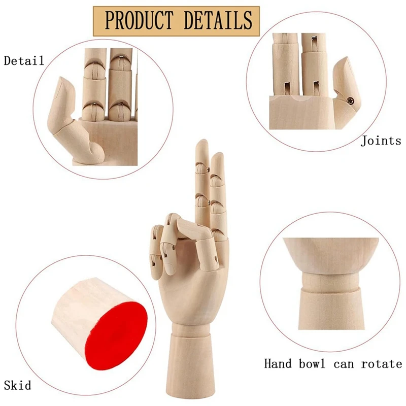 PWS Wooden Hand Model, 2 PCS, 12 Inches Left And Right Hand Art Mannequin Figure With For Hand Jewelry Display, Decoration