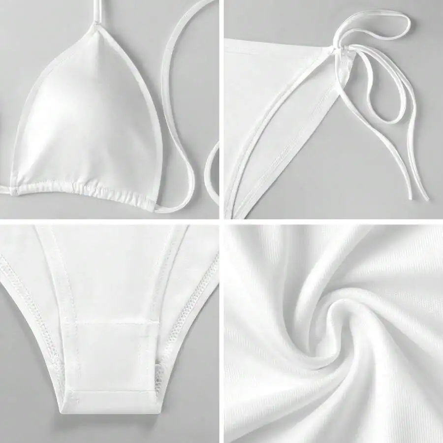 

White Triangle Bikini Swimsuit With Adjustable Straps And Tie Side Bottoms