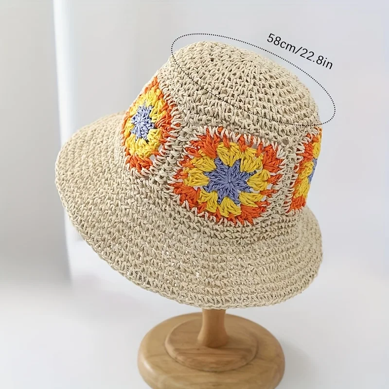 Sommer-Strohhut mit gewebter Blumendekoration, Sonnenhut, Bohemia-Strand-Urlaubshut, faltbar, tragbar, Sonnenschutzhut für Damen, Reisen – Detail 8