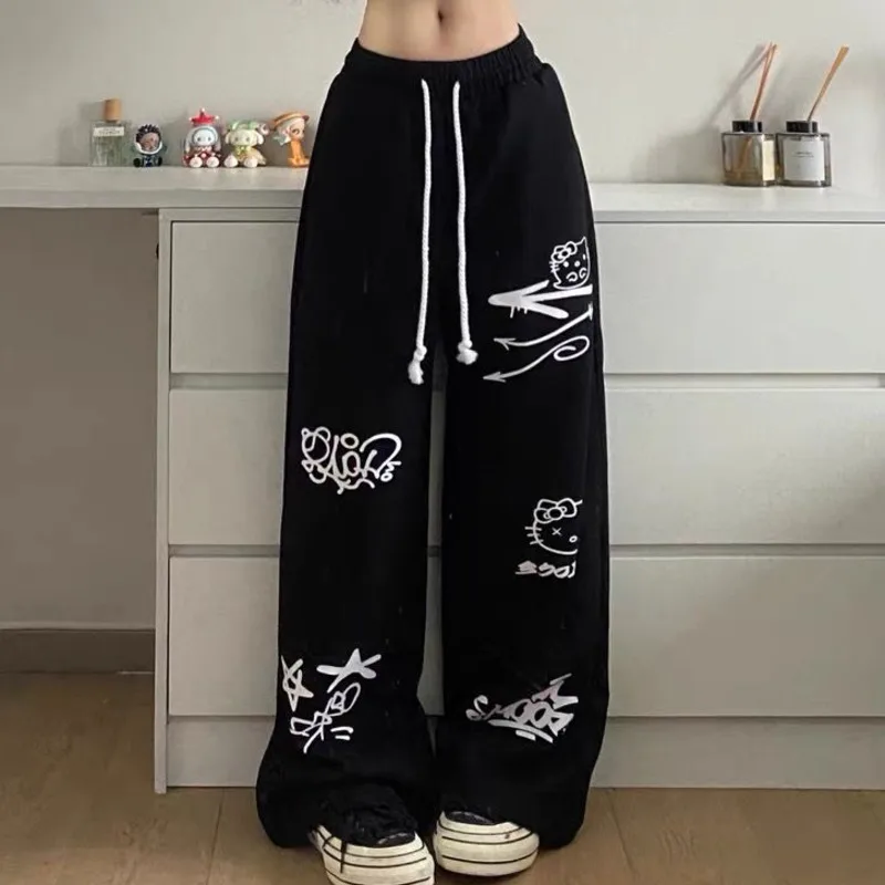 New Sanrio Hello Kitty Y2k pantaloni Cute Cartoon Cat Graffiti Print pantaloni Casual autunno pantaloni larghi a vita alta abbigliamento donna