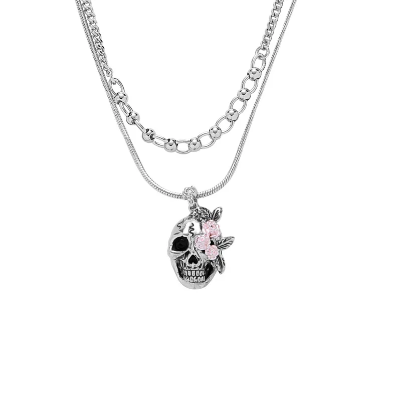 

Eetit Vintage Personalized Skull Enamel Flower Necklace Pendant Double-Layer Chain Gothic Punk Halloween Jewelry Women Men Gift