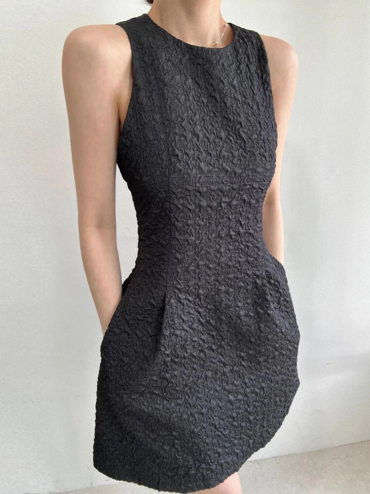 

Gagarich Korean Fashion Wrinkled Texture Vest Dress Women Summer New Style French Hepburn Style Pocket Sleeveless Short Dresses