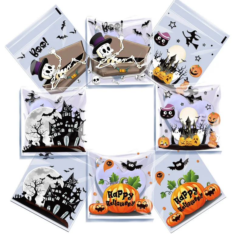 50PCS Mixed Styles Halloween Self‑Adhesive Candy Bags, Skeleton Pumpkin Cookie Treat Bags for Party Snack Gift Storage Pouch