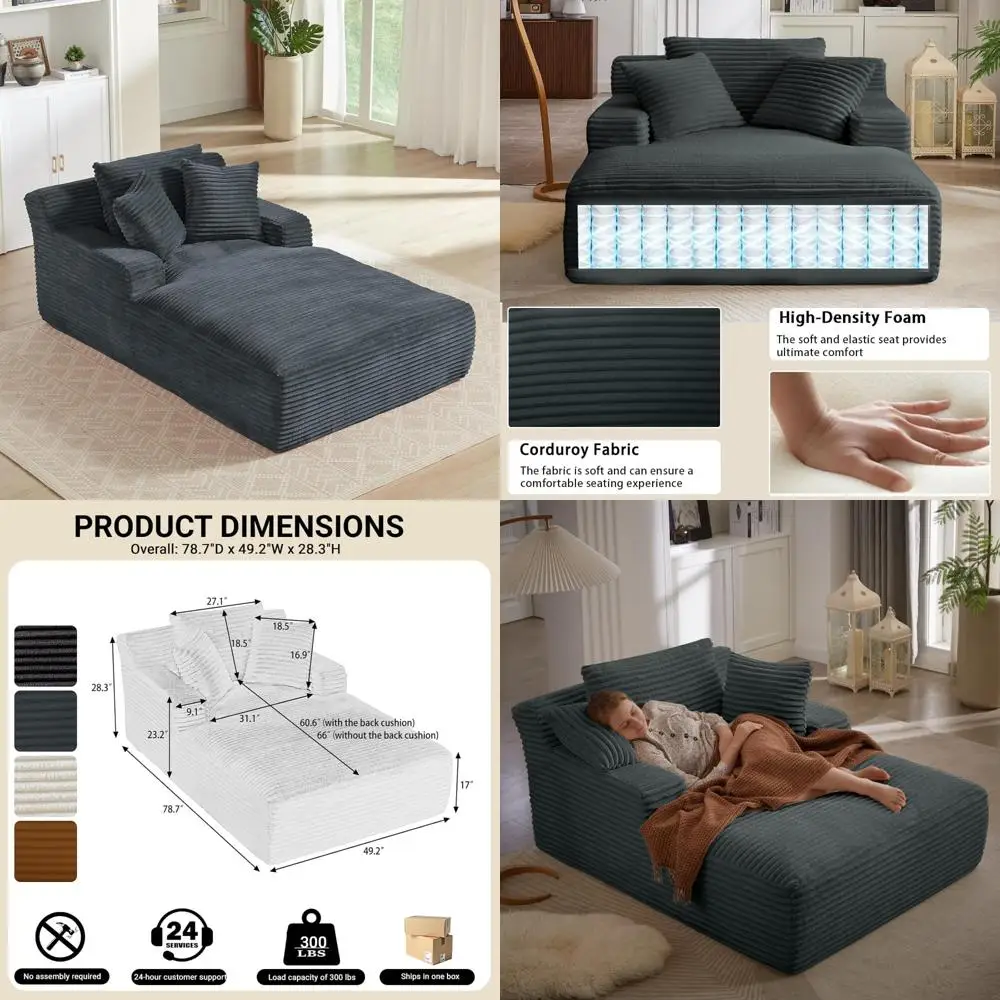 Oversized 80 Inch Chaise Lounge Chair Indoor, Upholstered Corduroy Sleeper Sofa Bed with Pillows, Deep Seat Reading Chair for Co