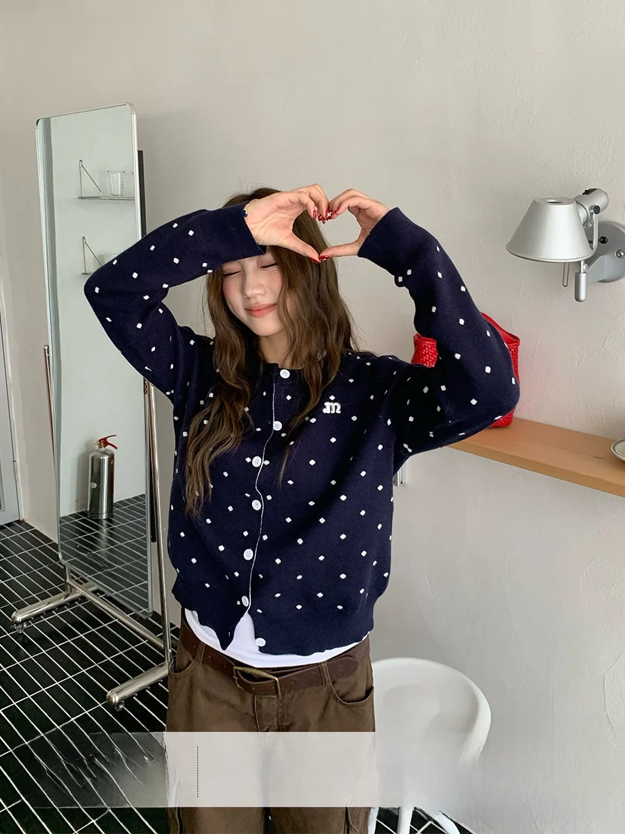 

Soft Orange Tree Knitted Long Sve Women's Cardigan Polka Dot Casual Sle Autumn Gentle Wind Slimming Versatile Top