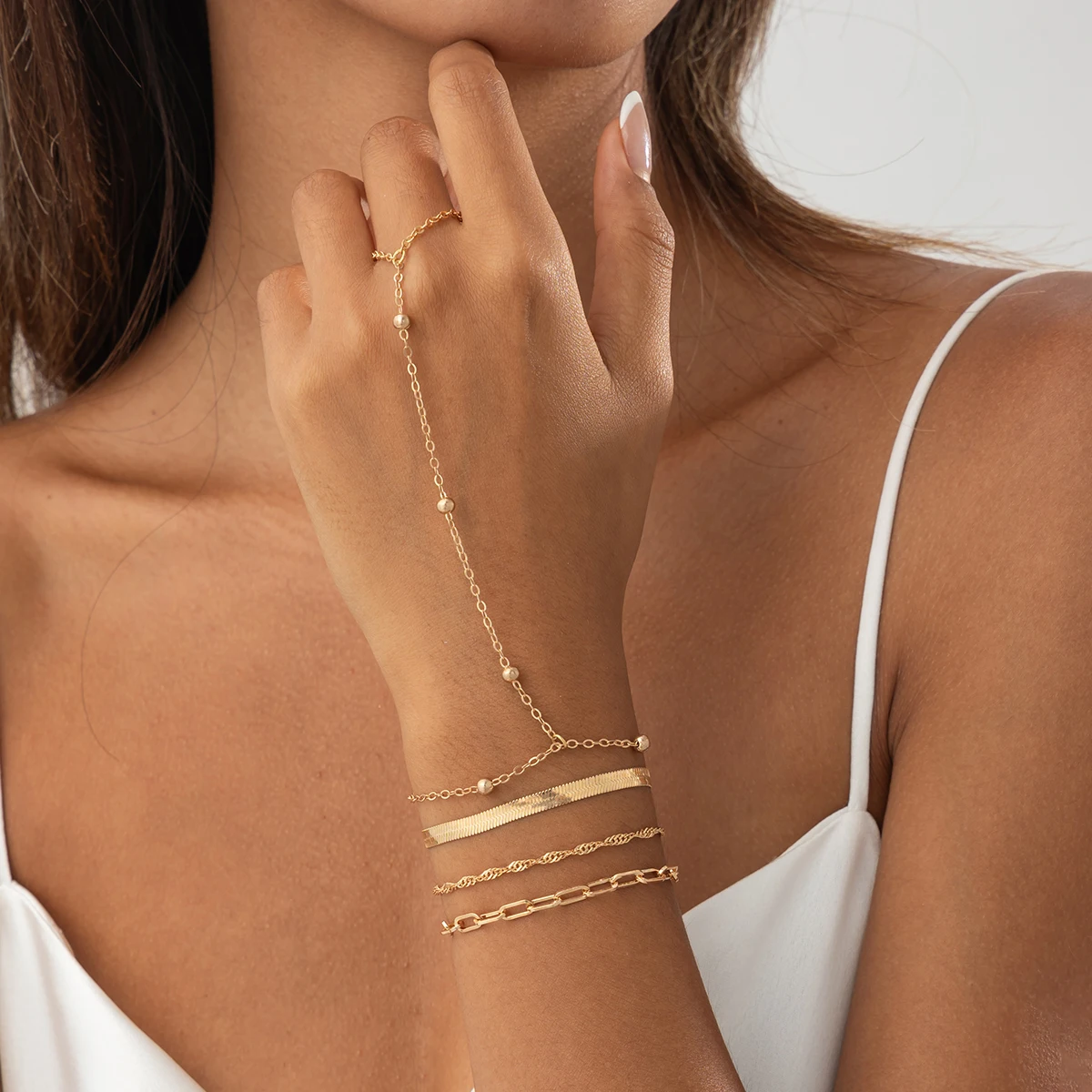Ingemark 4Pcs/Set Vintage Connect Finger Chain Bracelets for Women on Hand Goth Gold Color Snake Chain Bangles Wedding Jewelry