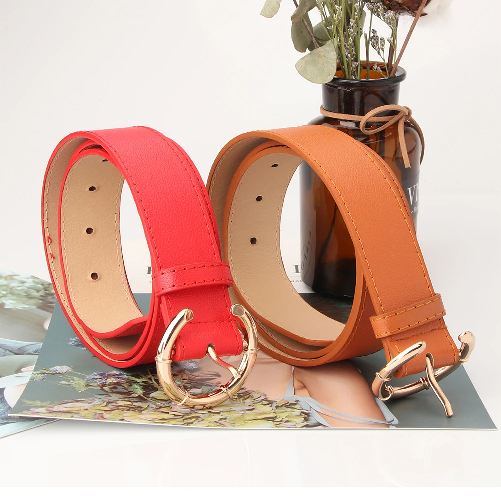 

Wide PU Girdle Pattern Solid Waistband Red Round Pin Buckle Belt for Dresses Jeans Pants Shorts Long Use Durable
