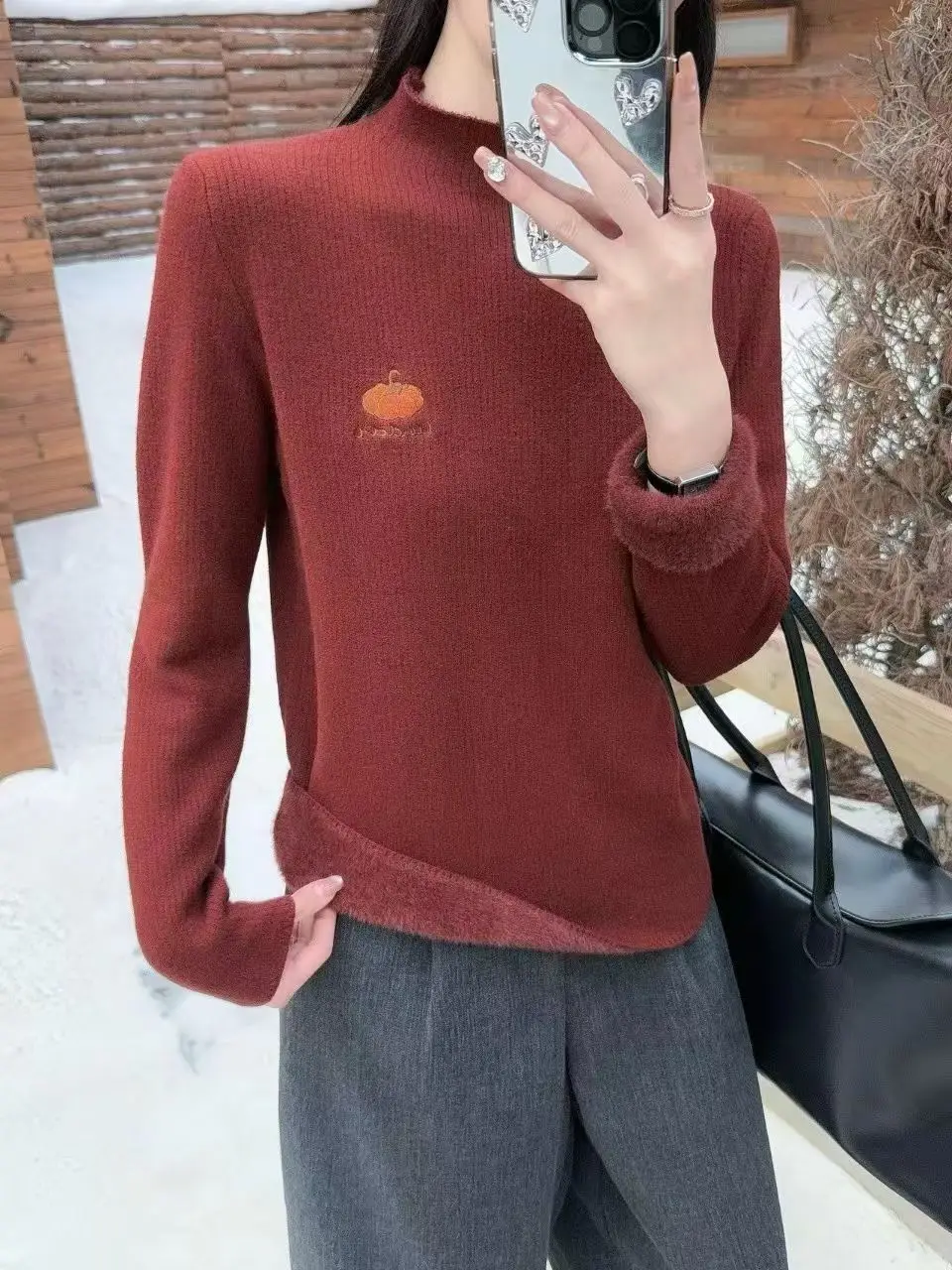 Outono inverno thiened f gola alta bordado intermido fce camisola de malha feminina sobrecarga quente versátil topo