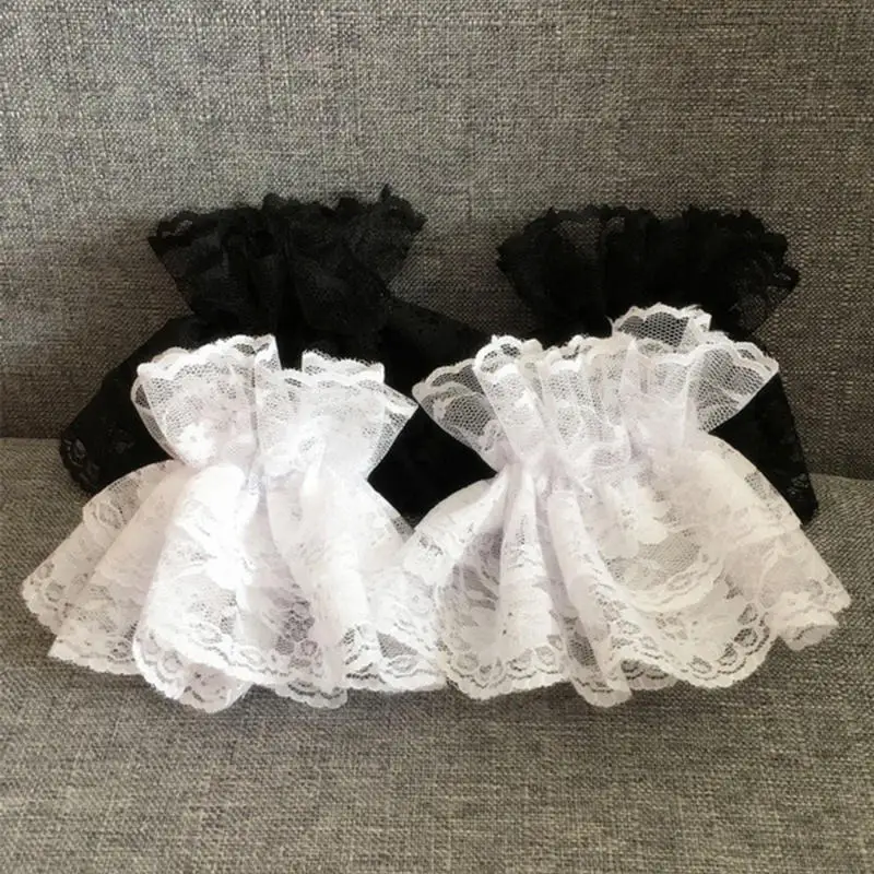 2 ชิ้น/คู่ Lolita มือข้อมือ Ruffled ดอกไม้ลูกไม้สีดําสร้อยข้อมือ Elegant ผู้หญิงหญิงนาฬิกาข้อมืออุ่นถุงมือ