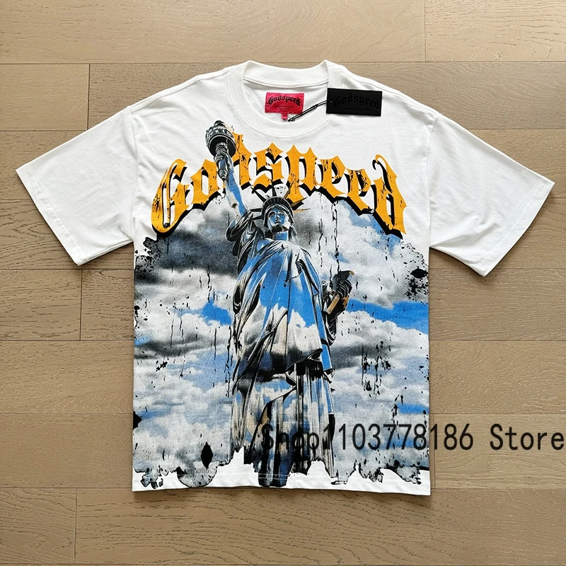 American Rap Hip Hop Godspeed Short Sleeve T-shirt Classic Letter Logo Lady Liberty Print Round Neck T-shirt Men Women