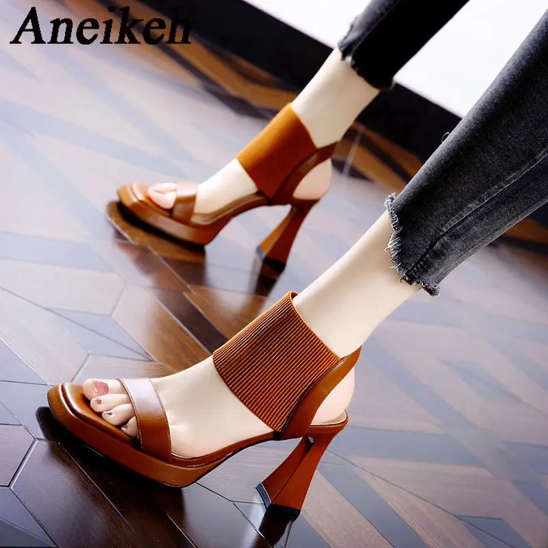 Aneikeh Brand Thick Sole Sandals 2023 Women New Open Toe Ankle Elastic Band Elastic Fabric High Heel Charm Goddess Collection