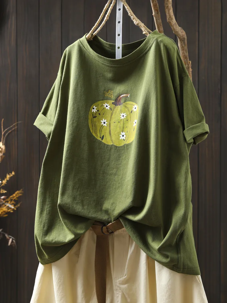 Green Pumpkin Print T Shirt Women Summer Fashion 100% Cotton Good Quality Loose Casual Oversized Round Neck Pullover Tees Female