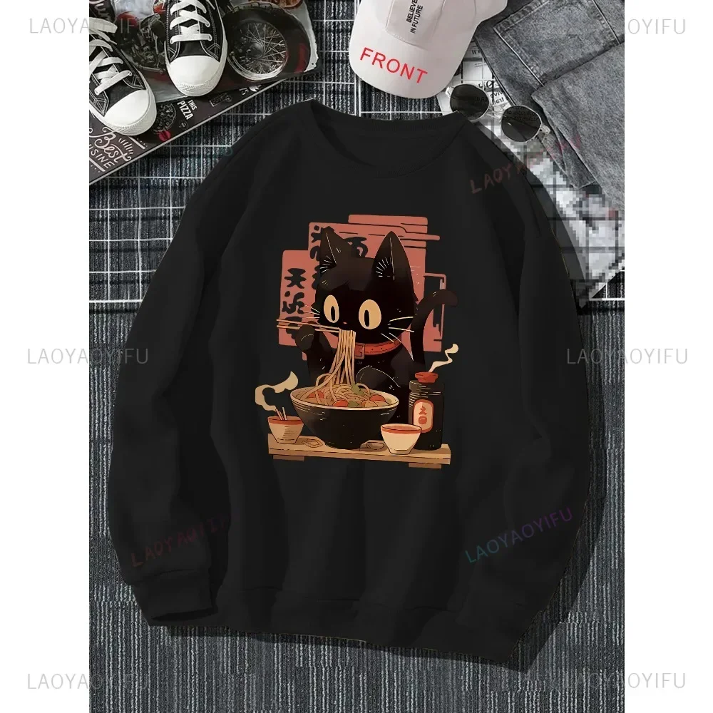 Kitten Eating Noodles Creative Pattern Printed Women Sports Hoodie Comfortable Polyester Crew Neck Pullover for Fall and Winter