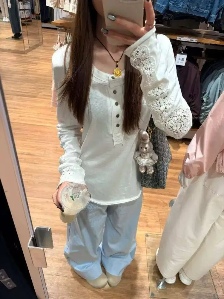 ホワイトレース中空刺繍ヘンリーカラーロングスリーブTシャツレディース冬新作UVカットカバーアップトップ