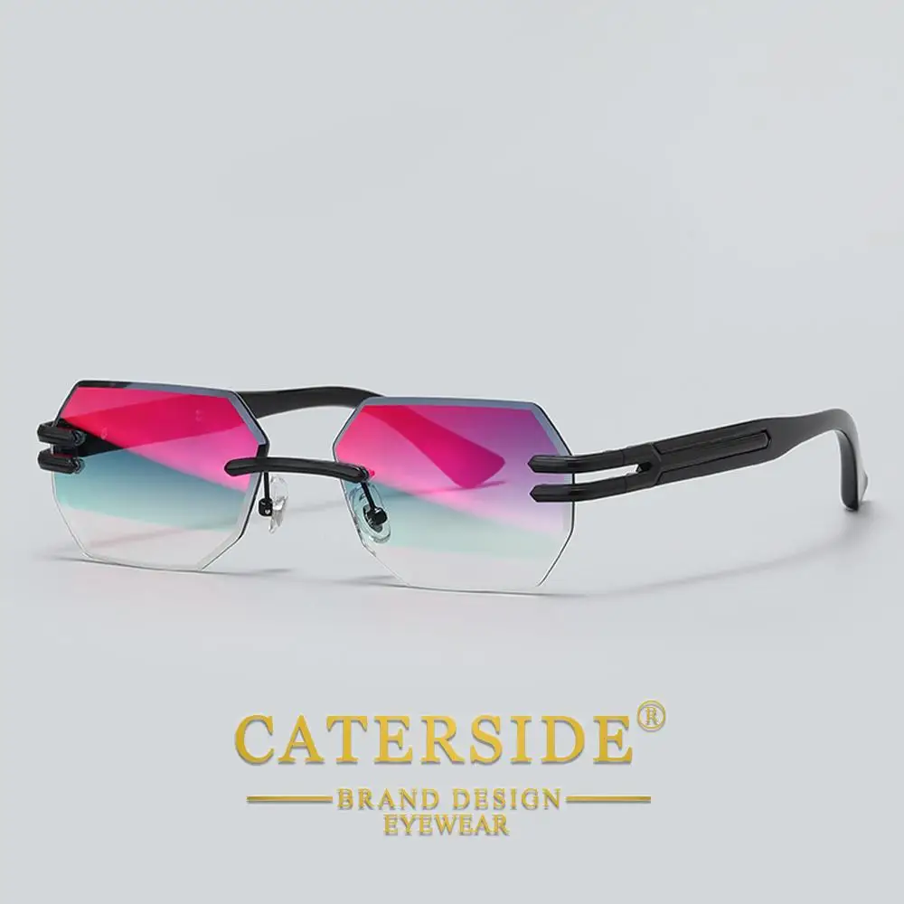 CATERSIDE Neue rahmenlose Sonnenbrille für Herren, modische polygonale Spiegellinsen mit Farbverlauf, Metallrahmen, Damen-Party-Sonnenbrille für den Außenbereich – Detail 15