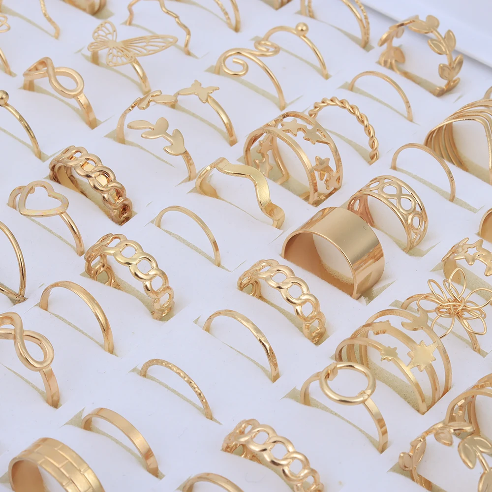 50 Pcs/Lot Hollow Pearl Vintage Butterfly Rings for Women Geometric Trendy Jewelry Accessories Party Gifts
