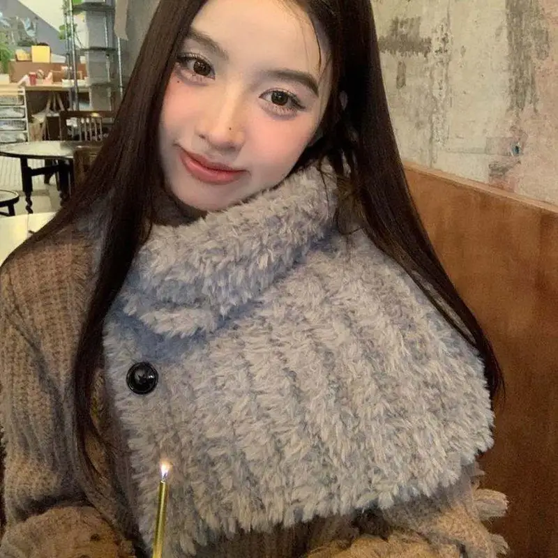 

Новый вязаный плюшевый шарф, ветрозащитная водолазка, утеплитель для шеи, съемная шерстяная вязаная накладная шаль, толстый шарф на пуговицах, шейный платок