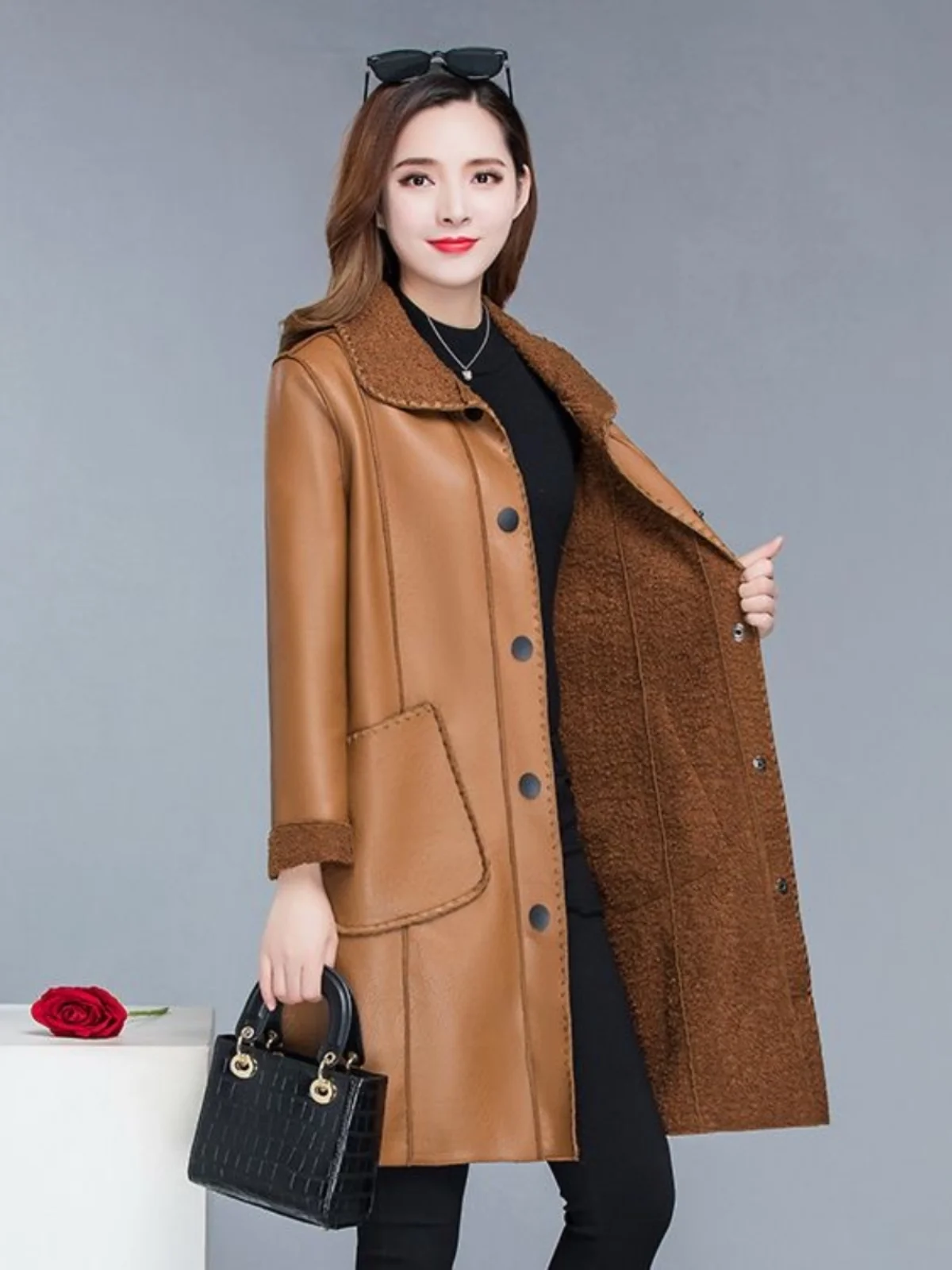 Women's Mid-Length Fleece-Lined Fur Coat Loose Leather Jacket Autumn Winter New Style Korean Version Versatile Commute Windbr...