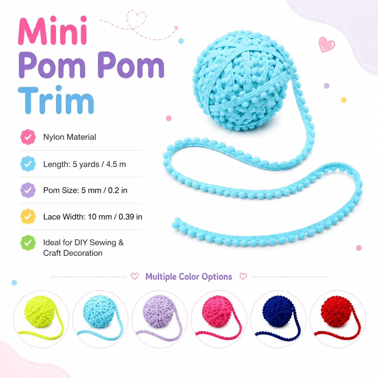 1-5Roll 5Yard Pompom Ball Fringe Ribbon, Colorful Pom Poms Tassel Lace Trim for DIY Sewing Pillow Curtain Decor