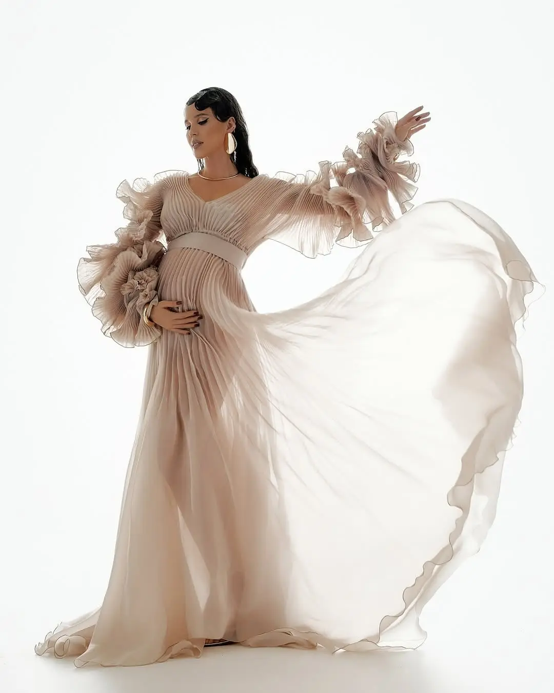 かわいいプリーツオーガンザマタニティドレス写真撮影 V ネックパフスリーブマタニティドレス платье для беременных Babyshower カスタム