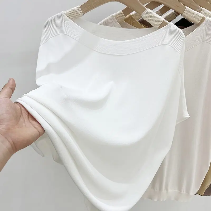 Camisetas de seda de hielo de estilo fino para mujer, cuello redondo, hilo de tornillo sólido, Tops de punto de manga corta sueltos informales, moda