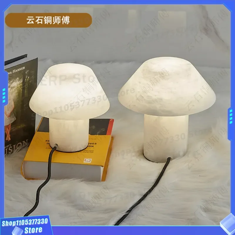 Natural Spanish Marble Table Lamp Mini Mushroom Bedside Light for Bedroom Study Desk Decor Modern Internet Celebrity Style
