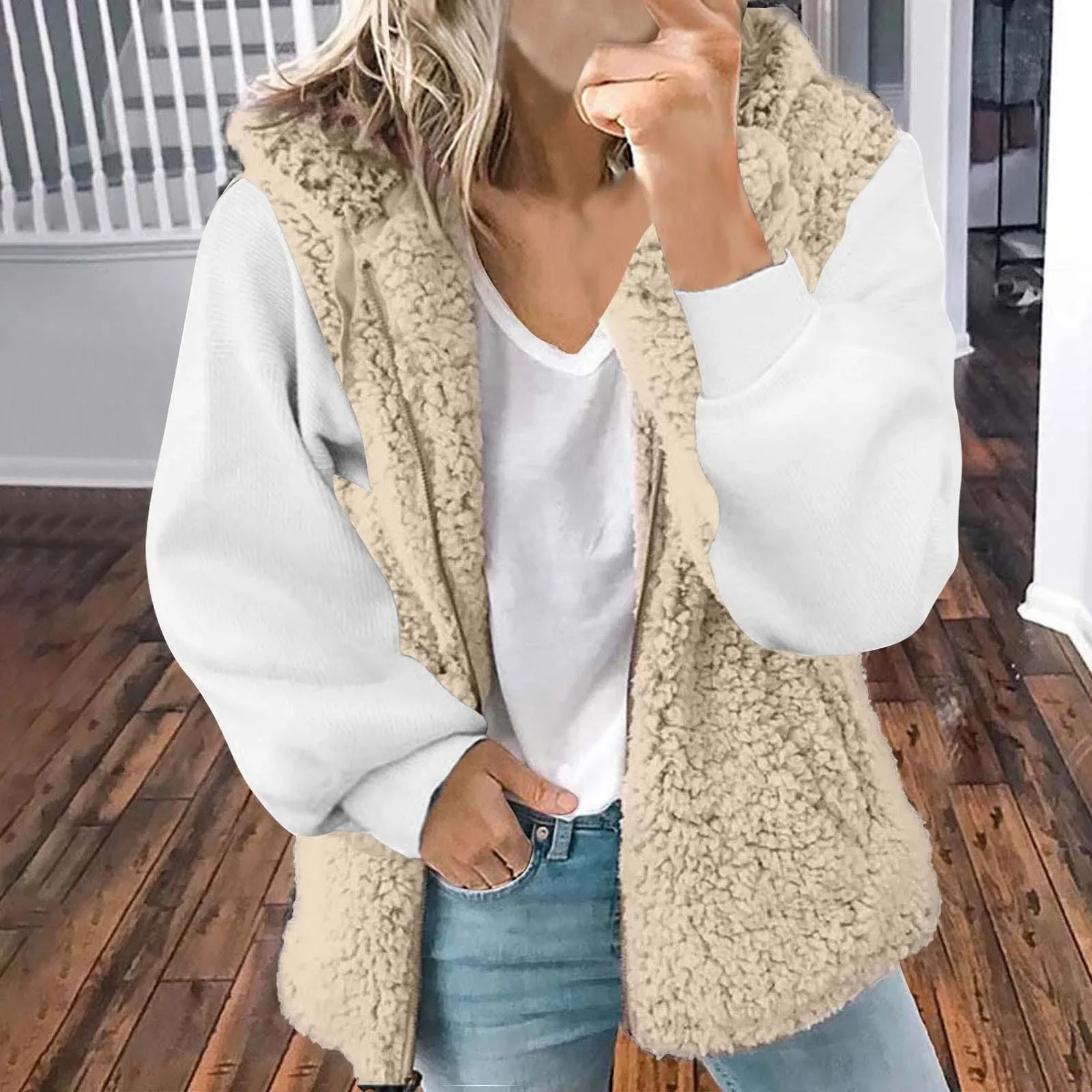 Winter Faux Pelz Westen Für Frauen 2023 Neue Patchwork Chaquetas Revers Lange Sleeve Zipper Mantel Weibliche Warme Fleece Jacken Outwear