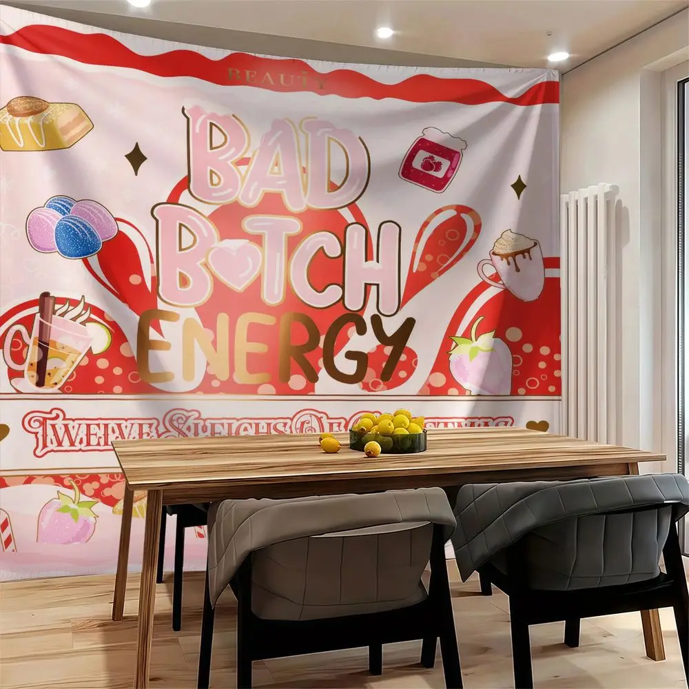 Pink Aesthetic Energy Tapestry Wall Hanging Christmas Strawberry Print Digital for Bedroom Dorm Wall Decor