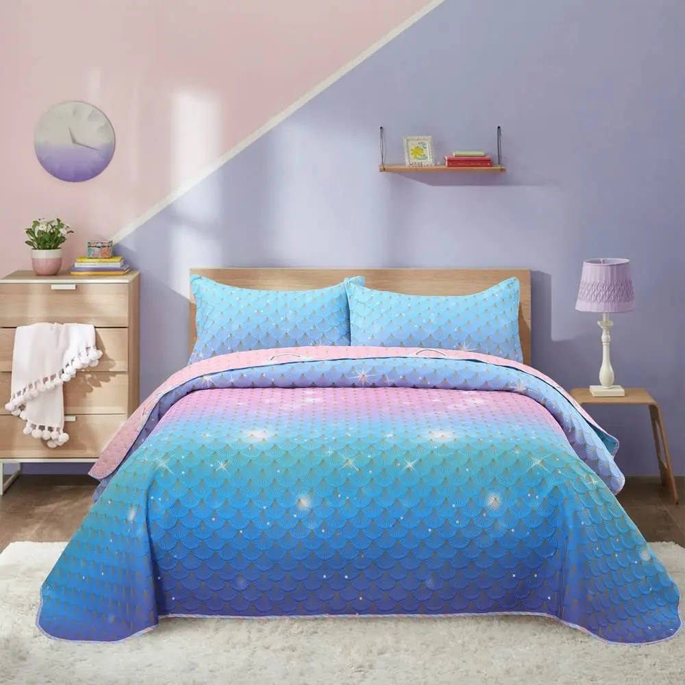 

Girls Mermaid Comforter Set Twin Size Fish Scale Bedding Set 3Pcs Bedroom Decor Quilt Cover With 2 Pillowcase Twin Full Size