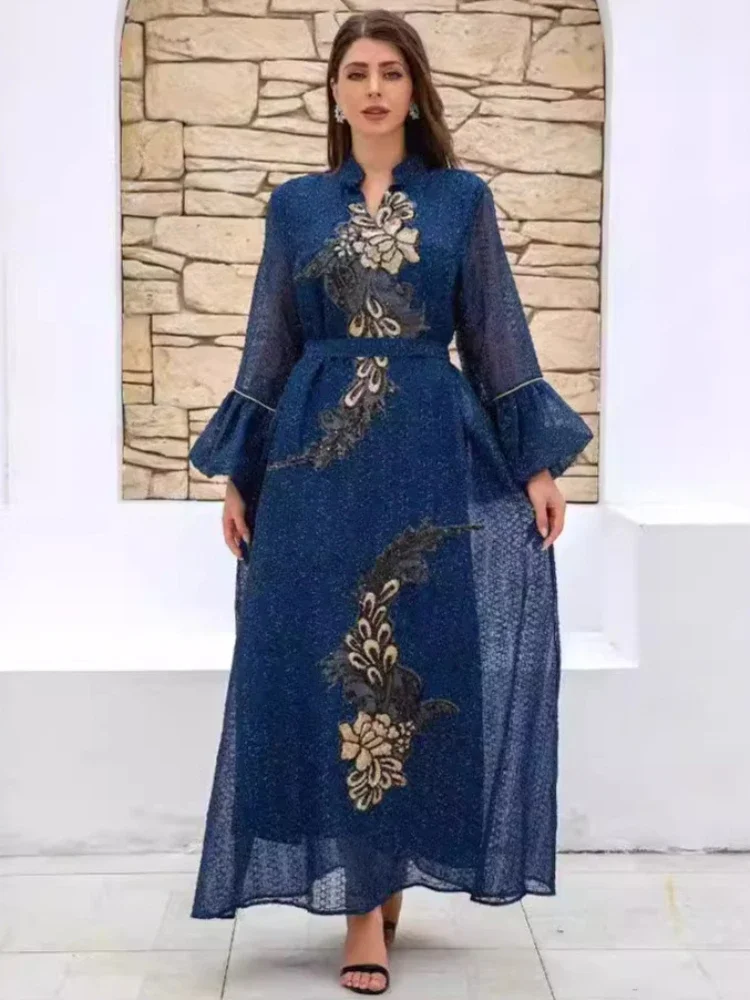 

Eid Embroidery Dress for Women Muslim Party Ramadan Abaya Long Dress Belt Morocco Kaftan Vestidos Largos Dubai Robe Jalabiya