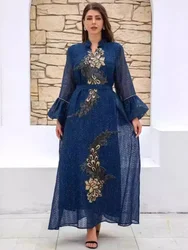 Eid Embroidery Dress for Women Muslim Party Ramadan Abaya Long Dress Belt Morocco Kaftan Vestidos Largos Dubai Robe Jalabiya