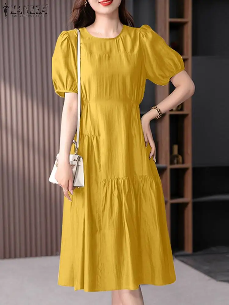 ZANZEA Summer Puff Short Sleeve Robe Korean Pleated Midi Dresses Women 2024 Fashion Elastic Wait Dress Loose Patchwork Vestidos