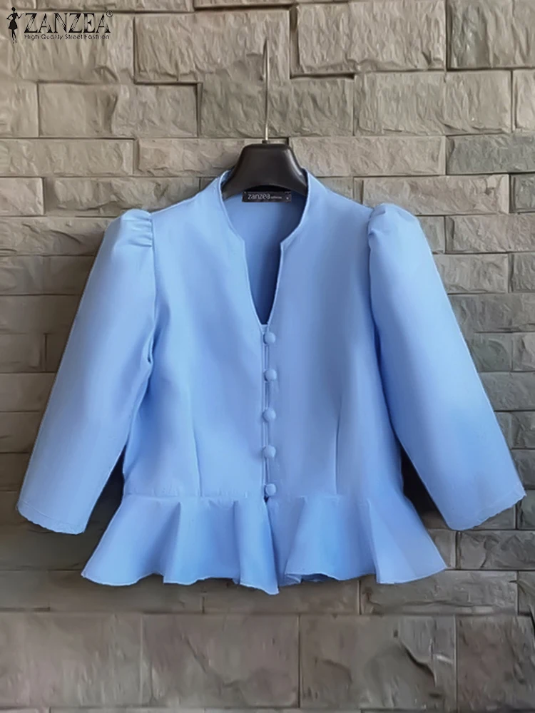

ZANZEA Elegant Shirts Fashion Women 3/4 Sleeve Tops Casual Loose V Neck Tunic 2025 Vintage Button Blusas Solid Color Tops