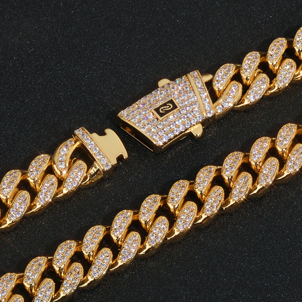 ESKEEM 12mm Full Iced Diamond Monaco Bracelet 18K Gold Plated Miami Two Rows Cubic Zirconia Cuban Link Chain Hip Hop Jewelry Men