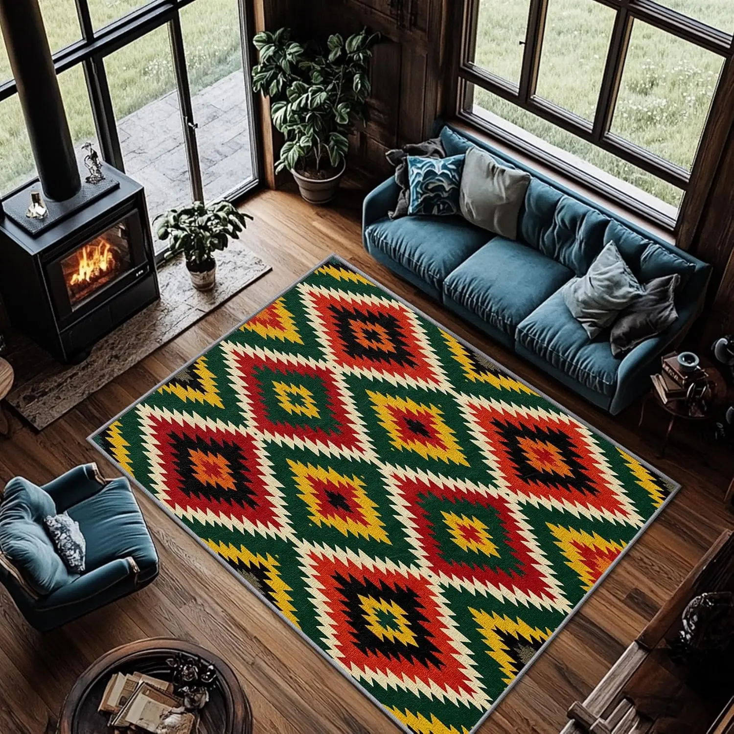 Lingge Bohemian Style Carpet Retro Totem Rural Style Rug Living Room Bedroom Decoration Floor Mat Living Room Entrance Floor Mat