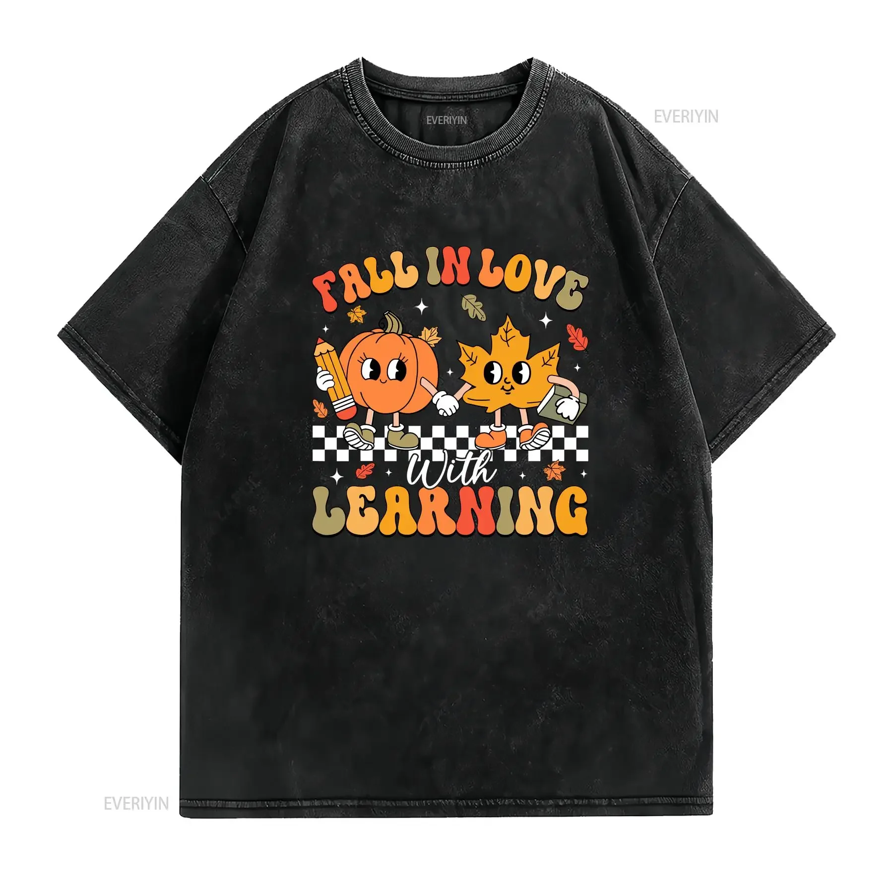 Retro Fall In Love With Learning Autumn Pumpkin Teacher Black Cotton T Shirt vintage Washed Stretched homme Comfortable graphic