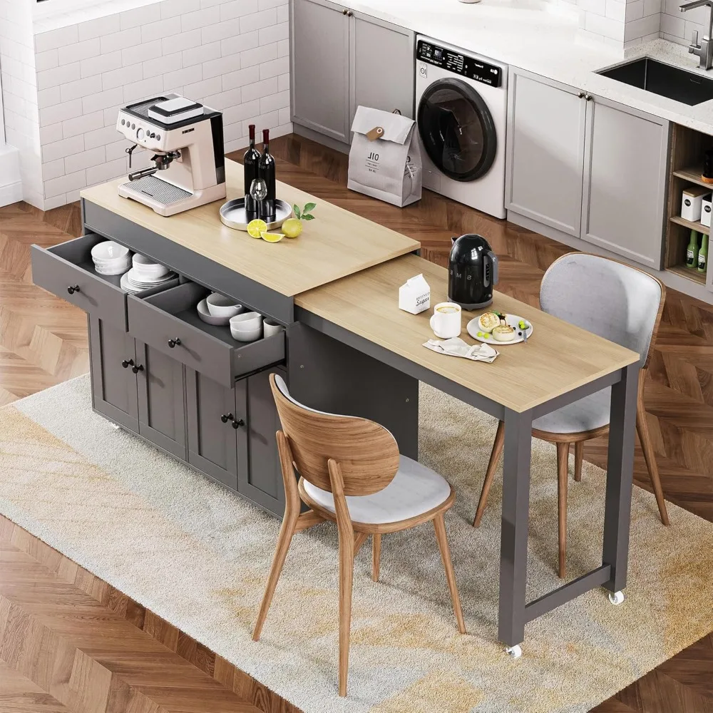 

74.5" Kitchen Island with Extendable Dining Table,Rolling Kitchen Island on Wheels, Storage Cart with 4 Door Cabinet, Spice Rack