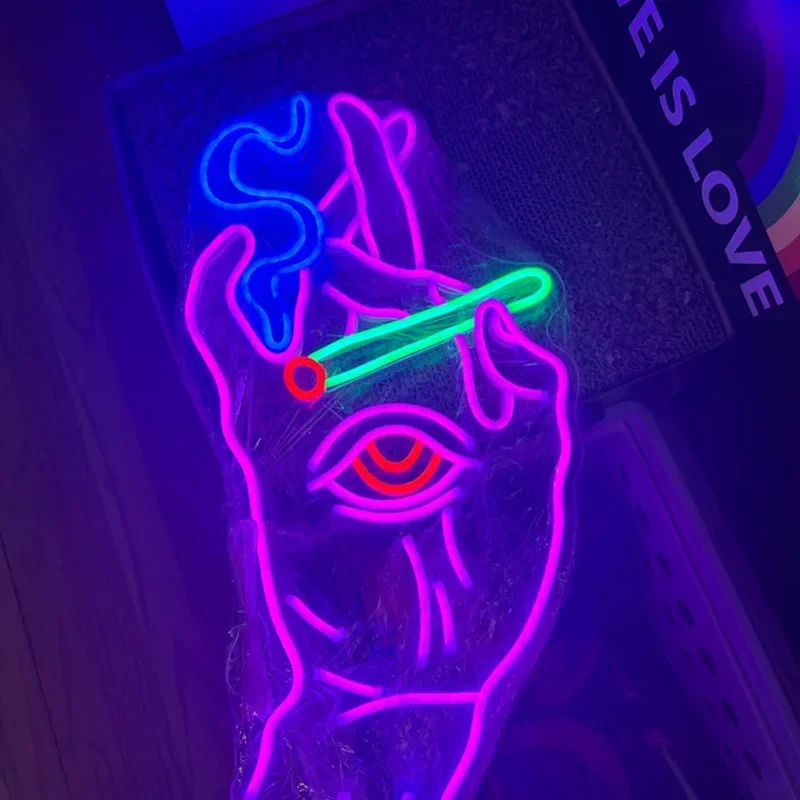 Led sinal de néon fumar mão com olho sinais de néon personalizado samll noite lâmpada decoração cigarro parede quarto decoração