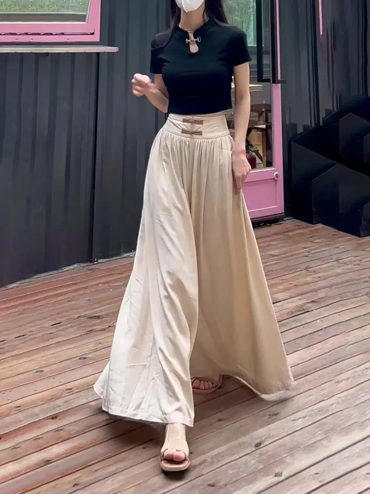 

Chinese Style High Waist Wide-leg Casual Pants for Women 2025 New Designer Loose Skirt Pants Street Wear Clothes Streetwear Girl
