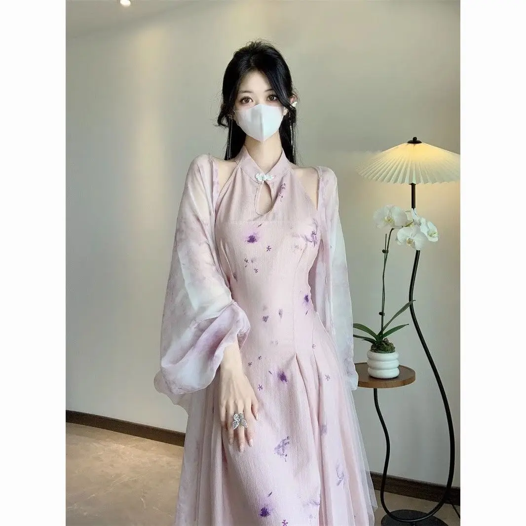 Elegant purple cheongsam print sleeveless neck Chinese style woman pleated spring/summer Chinese traditional daily dress qipao