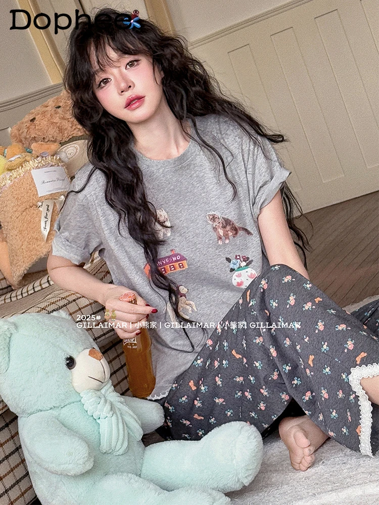 

2025 summer new Japanese original cartoon cat short-sleeved suit round neck sweet girl floral casual loose loungewear