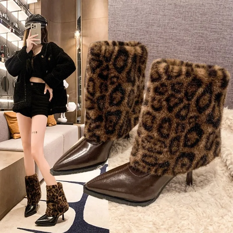 

High Heeled Women's Boots 2026 New Leopard Print Fur Short Boots Fashionable and Sexy Pointed Thin Heel Mid Top Boots Plus Size