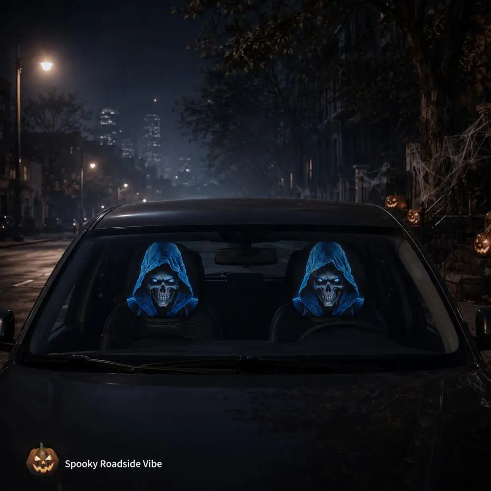 2 Stück Blau Leuchtende Totenkopf-Auto-Kopfstützenbezüge 2D Flacher Kapuzen-Jäger-Print Schwarzer Auto-Kopfstützenschutz Gothic Universelle Passform – Detail 5
