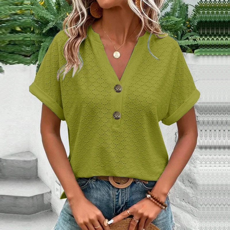 

Fashion Solid Color Button Splice Deep V-neck T-shirt Female 2023 Summer Casual Short Sleeve Tees Women's Sweet Style Loose Tops